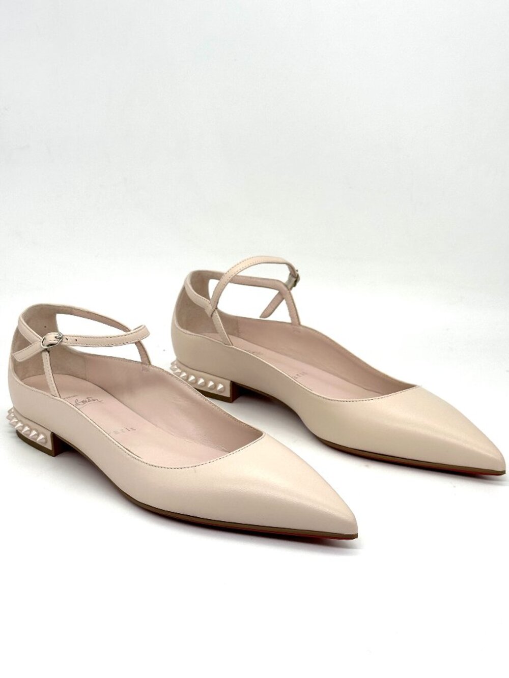 Christian Louboutin CONCLUSIVE Spike Ankle Strap Flat Ballerina Shoes Leche - Picture 12 of 15